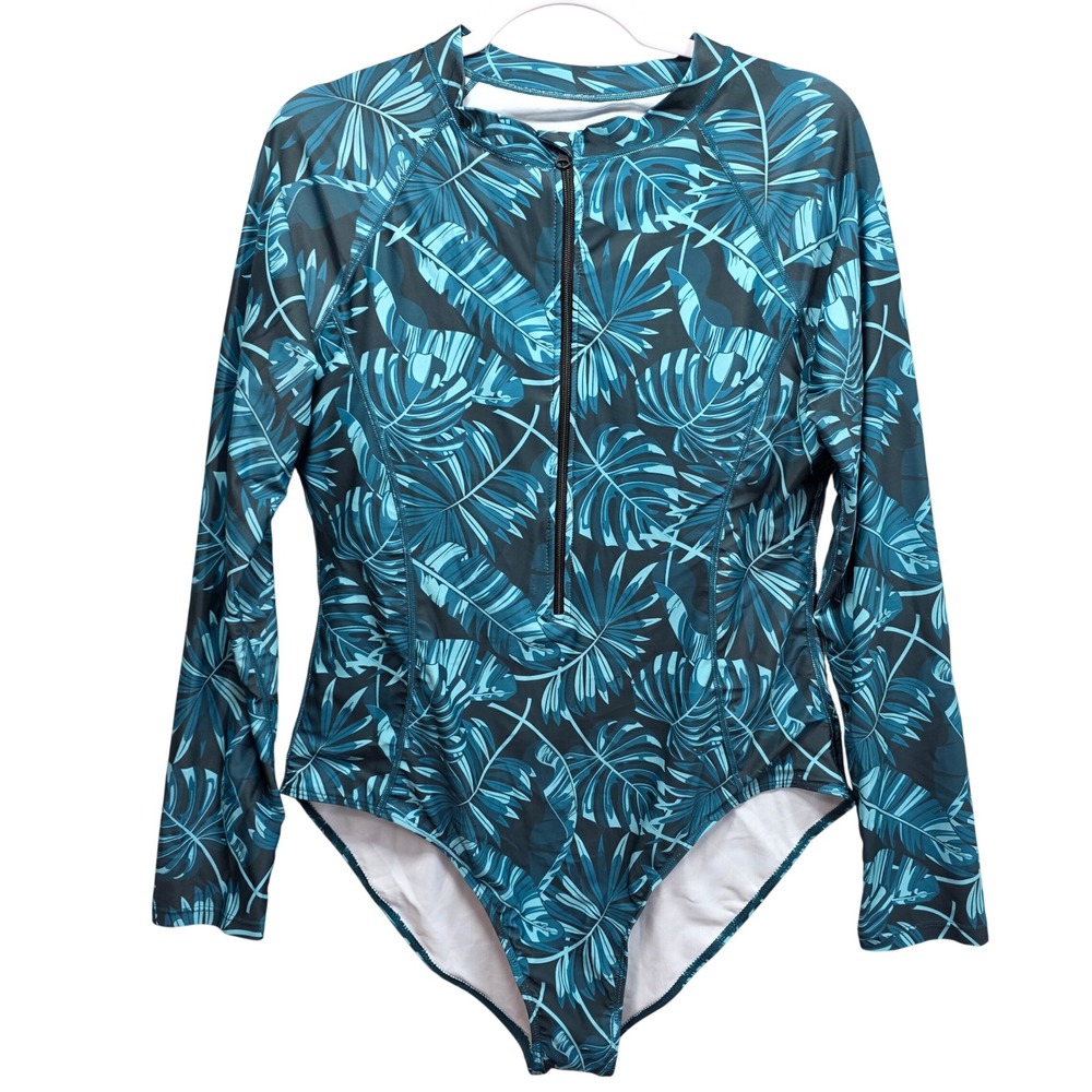 New Tropical Palm Leaf Long Sleeve Rash Guard One Piece Swimsuit Blue Womens XXL